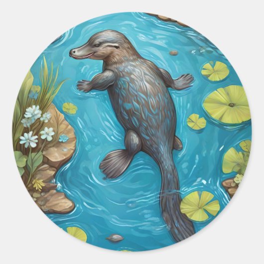 Platypus in de rivier. ronde sticker (Voorkant)