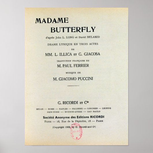 Playbill for Madame Butterfly by Giacomo Poster (Voorkant)