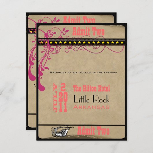 Playbill Ticket RSVP Raspberry Coral and Yellow Kaart (Voorkant / Achterkant)
