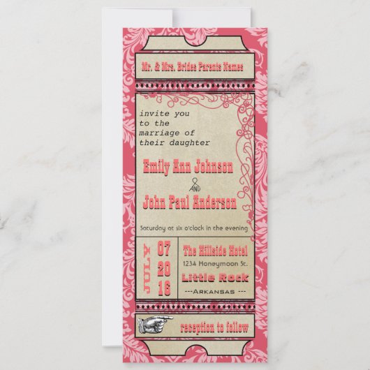 Playbill Ticket Wedding Raspberry Coral and Yellow Kaart (Voorkant)