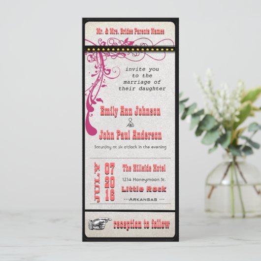 Playbill Ticket Wedding Raspberry Coral and Yellow Kaart (Staand voorkant)