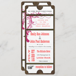 Playbill Ticket Wedding Raspberry Coral and Yellow Kaart