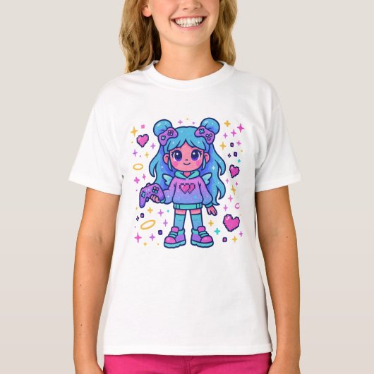 Playera Kawaii Blue Gamer – Cute Magical T-shirt (Devant)