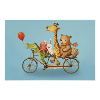 Playful Animal Friends on Bike Illustration Poster Perfect Poster