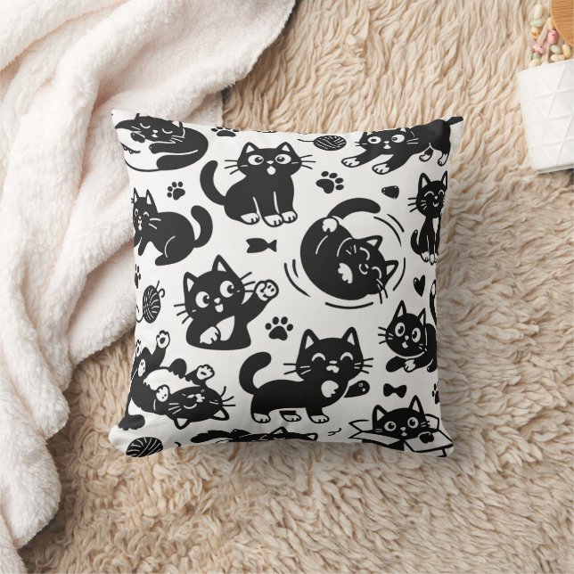 Playful Black Cat Silhouette Pattern Throw Pillow Kussen (Deken)