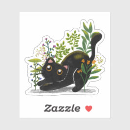 Playful Black Cat with Flowers – Cute Botanical  Sticker