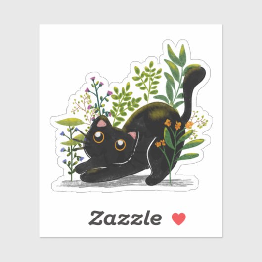 Playful Black Cat with Flowers – Cute Botanical Sticker (Vel)