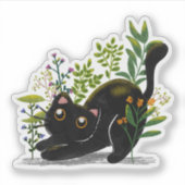 Playful Black Cat with Flowers – Cute Botanical Sticker (Voorkant)