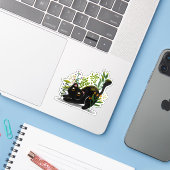 Playful Black Cat with Flowers – Cute Botanical Sticker (Laptop met iPhone)