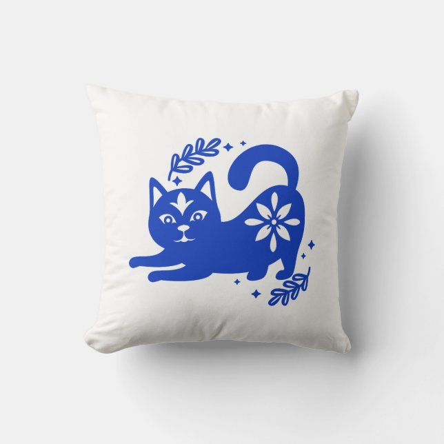 Playful Blue Cat Throw Pillow – CozyBun Kussen (Voorkant)