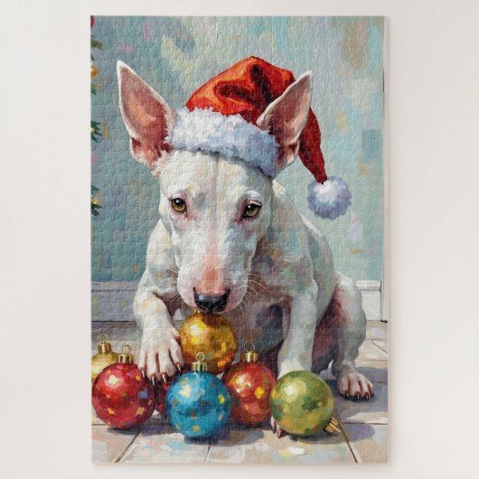 Playful Bull Terrier Dog Guarding Christmas Legpuzzel (Verticaal)