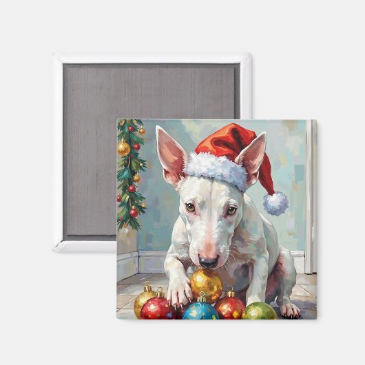 Playful Bull Terrier Dog Guarding Christmas Magneet (Voorkant / Achterkant)