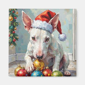 Playful Bull Terrier Dog Guarding Christmas Magneet (Voorkant)