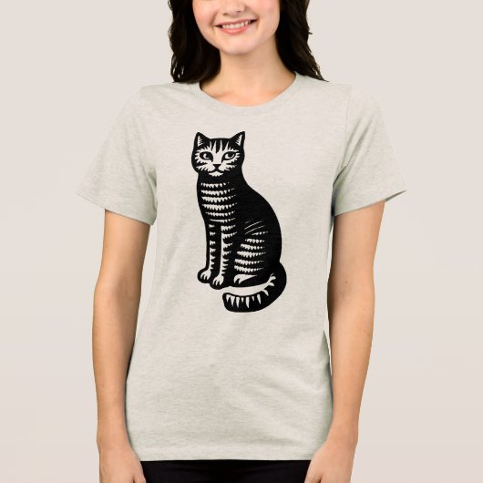 Playful Cat Woodcut Style Tri-Blend Shirt (Voorkant)