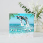 PLAYFUL DOLPHINS TROPICAL OCEAN Save the Date (Staand voorkant)