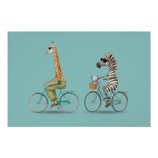 Playful Giraffe and Zebra Cycling Poster (Devant)