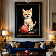 Playful Kitten Cat with Yarn Watercolor Print