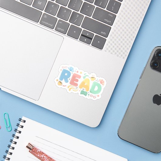 Playful Pastel Bubble "READ" Sticker Style (Ordinateur portable avec iPhone)
