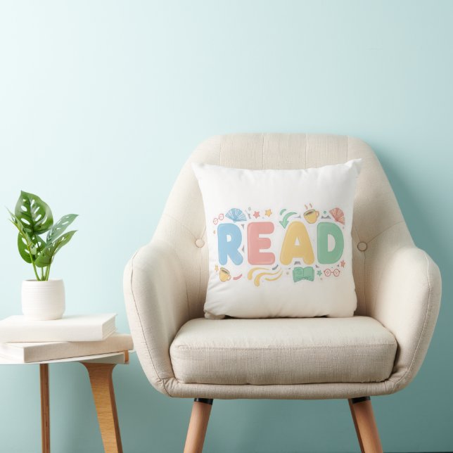 Playful Pastel Bubble "READ" Sticker Style Kussen (Stoel)