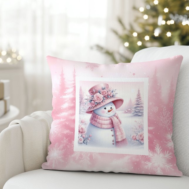 Playful Pink Snowman Pillow Cozy Winter Look Kussen (Playful Pink Snowman Pillow Cozy Winter Look)