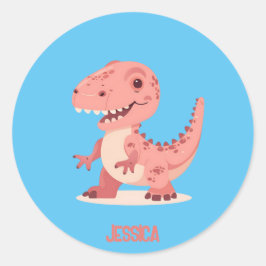 Playful Pink T-Rex Dino With Kids Name Ronde Sticker
