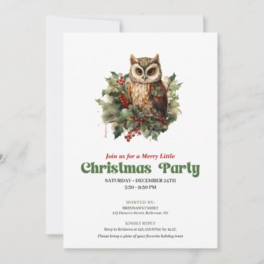 Playful retro Christmas owl party invitation (Devant)