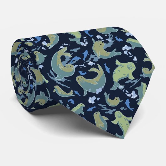 Playful Seals Deep Blue Neck Tie Stropdas (Opgerold)
