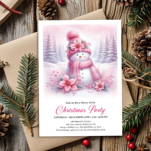 Playful Snowy Forest Pink Snowman Kids Invitation