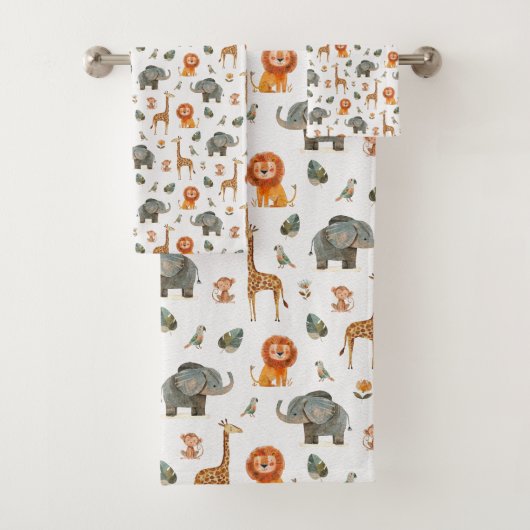 Playful Watercolour Safari Animals Bath Towel Set (En situation)