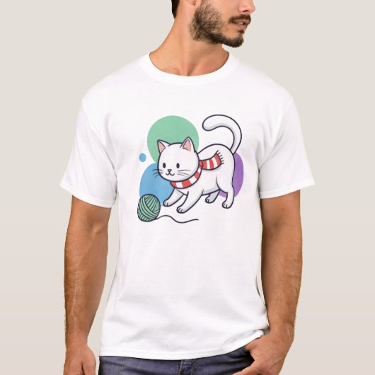 Playful White Cat with Yarn Tee T-shirt (Voorkant)