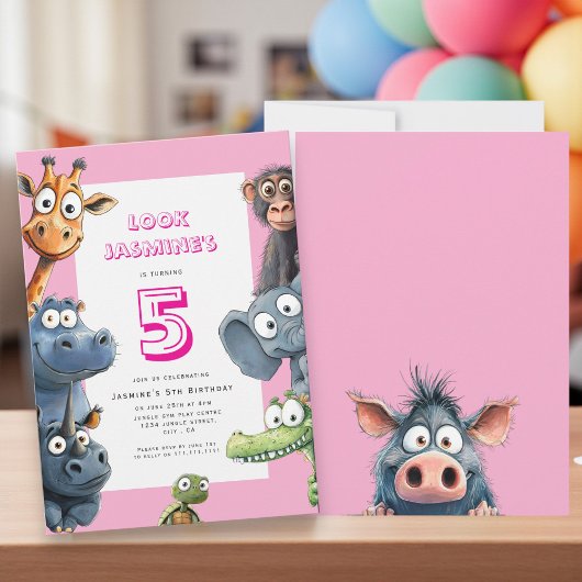 Playful Zoo Animals Pink Party Announcement Kaart
