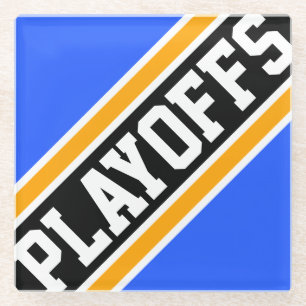 PLAYOFFS Helderblauw Geel Zwart Racing Stripes Glazen Onderzetter