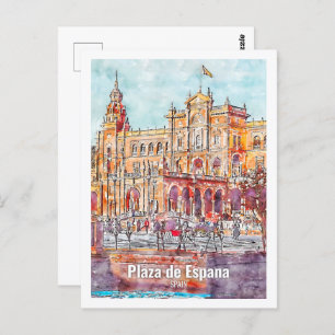 Plaza de Espana Spanje Beroemde Reis Waterverf Briefkaart
