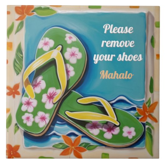 Please Remove Shoes Sign Green Hawaiian Flip Flops Tegeltje (Voorkant)