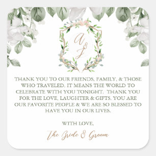 Plechtige bruiloft Hartelijk dank Kaart Gift Favor Vierkante Sticker