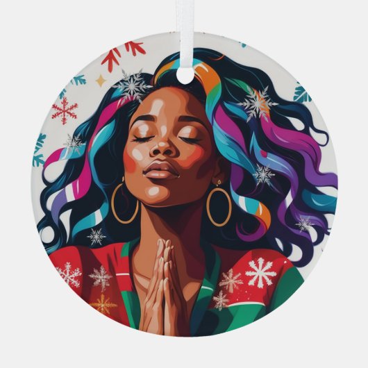 Plechtige en serene kerst zwarte vrouw bidden glas ornament (Achterkant)