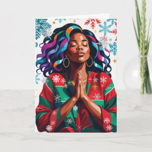 Plechtige en serene kerst zwarte vrouw bidden kaart