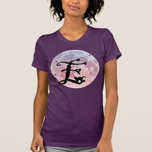 Pleine lune et chat E Monogramme initial T-shirt (Devant)