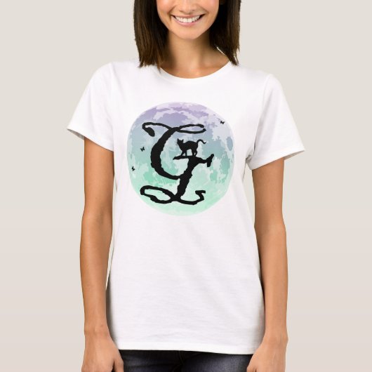 Pleine lune et chat G Monogramme initial T-shirt (Devant)