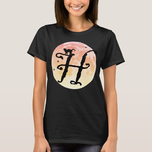 Pleine lune et chat H Monogramme initial T-shirt (Devant)