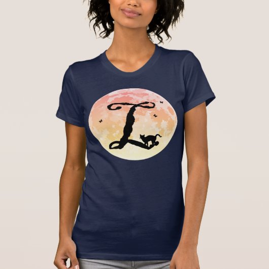 Pleine lune et chat L Monogramme initial T-shirt (Devant)