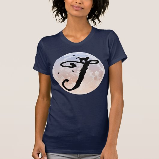 Pleine lune et chat T Monogramme initial T-shirt (Devant)