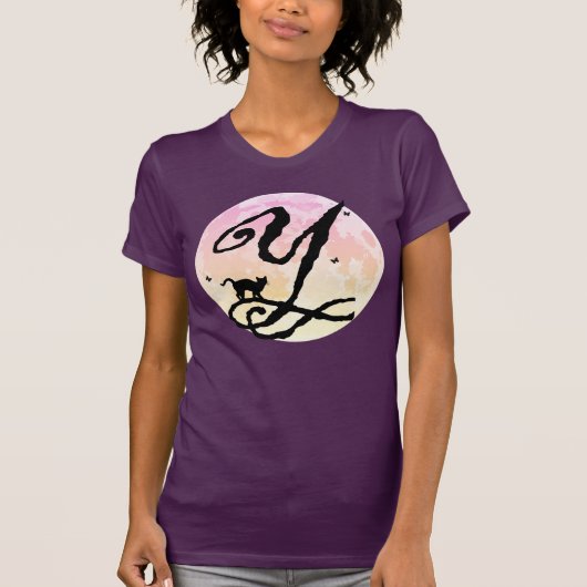 Pleine lune et chat Y Monogramme initial T-shirt (Devant)