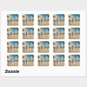 Plezier in de Sun Beach Volleybal olieverf, Vierkante Sticker