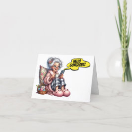 Plezier Senior met koffie en mobiele telefoon Notitiekaartje