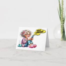 Plezier Senior met koffie en mobiele telefoon Notitiekaartje