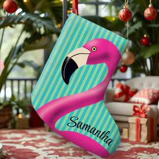 Plezierige Flamingo Heet Roze Aqua Strepen Modern  Grote Kerstsok