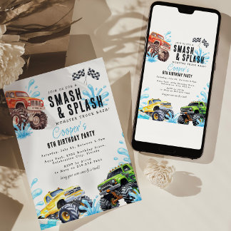 Plezierige Monster Truck Verjaardags Zwembad Feest Kaart