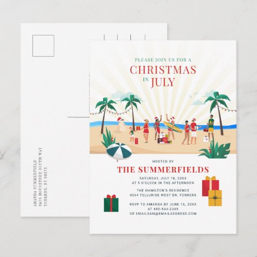 Plezierige zomerstrandfeest met het gezin uitnodiging briefkaart (Voorkant / Achterkant)