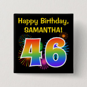 Plezierlijke Vuurwerk + Regenboog Patroon "46" Ver Vierkante Button 5,1 Cm